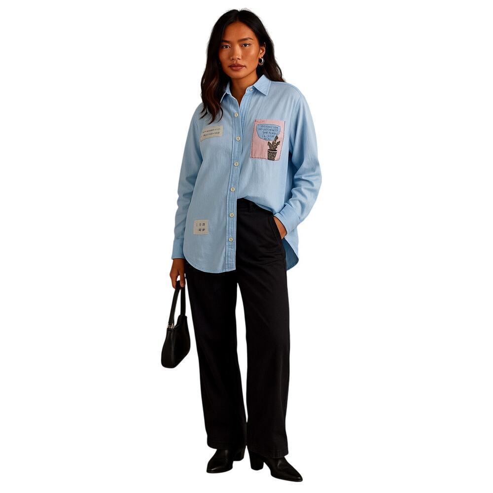 Handmade Blue Button-Up Shirt 100% Rami Embroidered Cactus Quote Graphic M